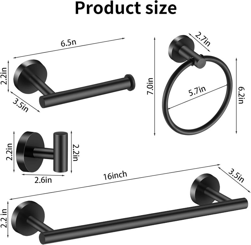 Hinmood Bathroom Hardware Set Black 10 Pieces, Towel Bar Set Matte Black Stainless Steel Towel Rack Set Includes 2PCS 16'' Towel bar, 4PCS Towel Hooks, 2PCS Toilet Paper Holder and 2PCS Towel Ring - Image 4